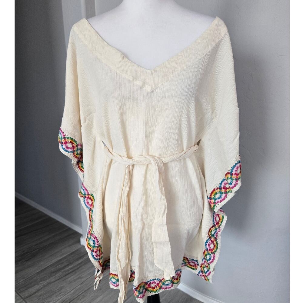 Hippie Boho French Connection Embroidered Poncho Belted Cotton Dress Top Sz XS